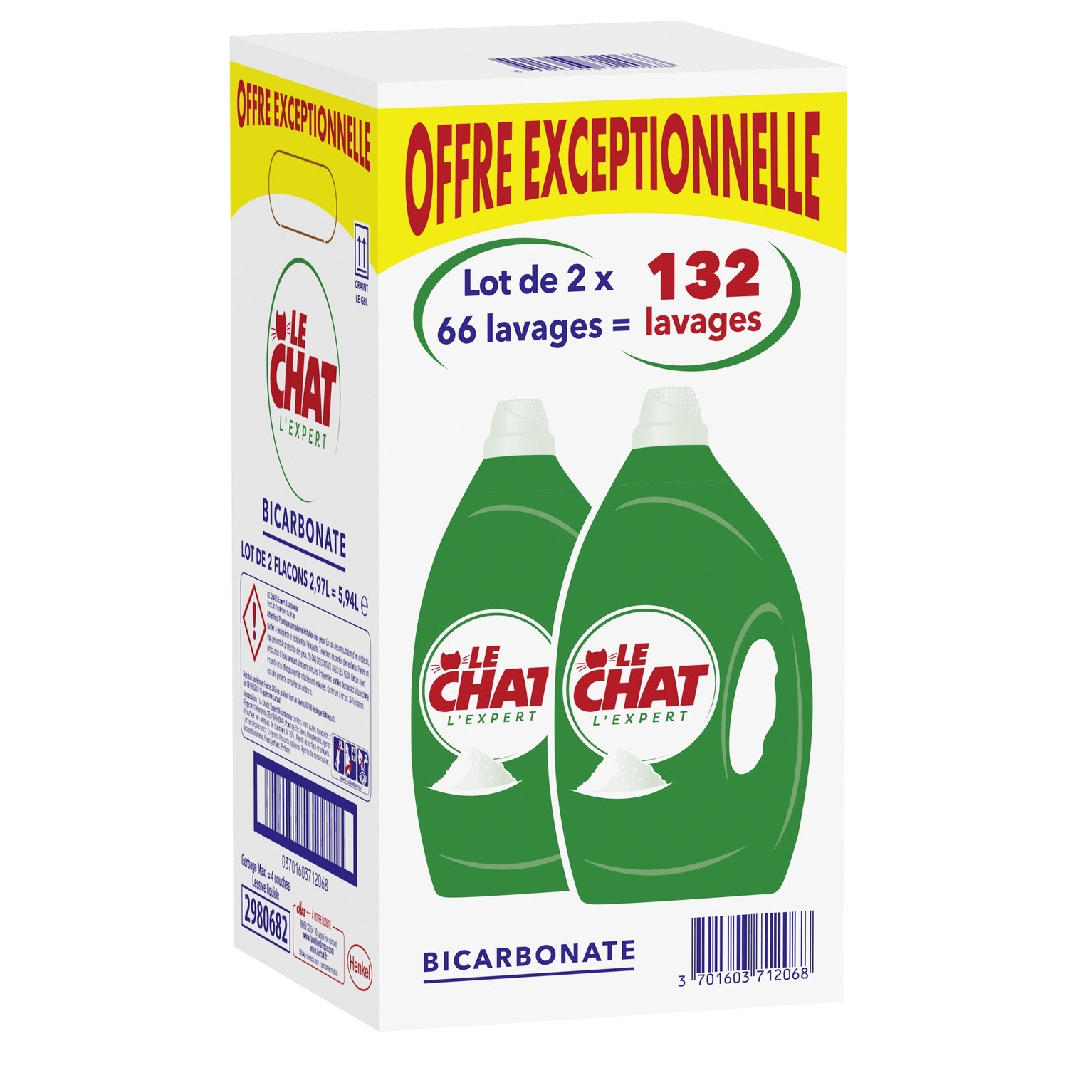Lot de 2x2,97L lessive liquide Expert Bicarbonate 132 lavages FORMAT  FAMILIAL - LE CHAT - 71206